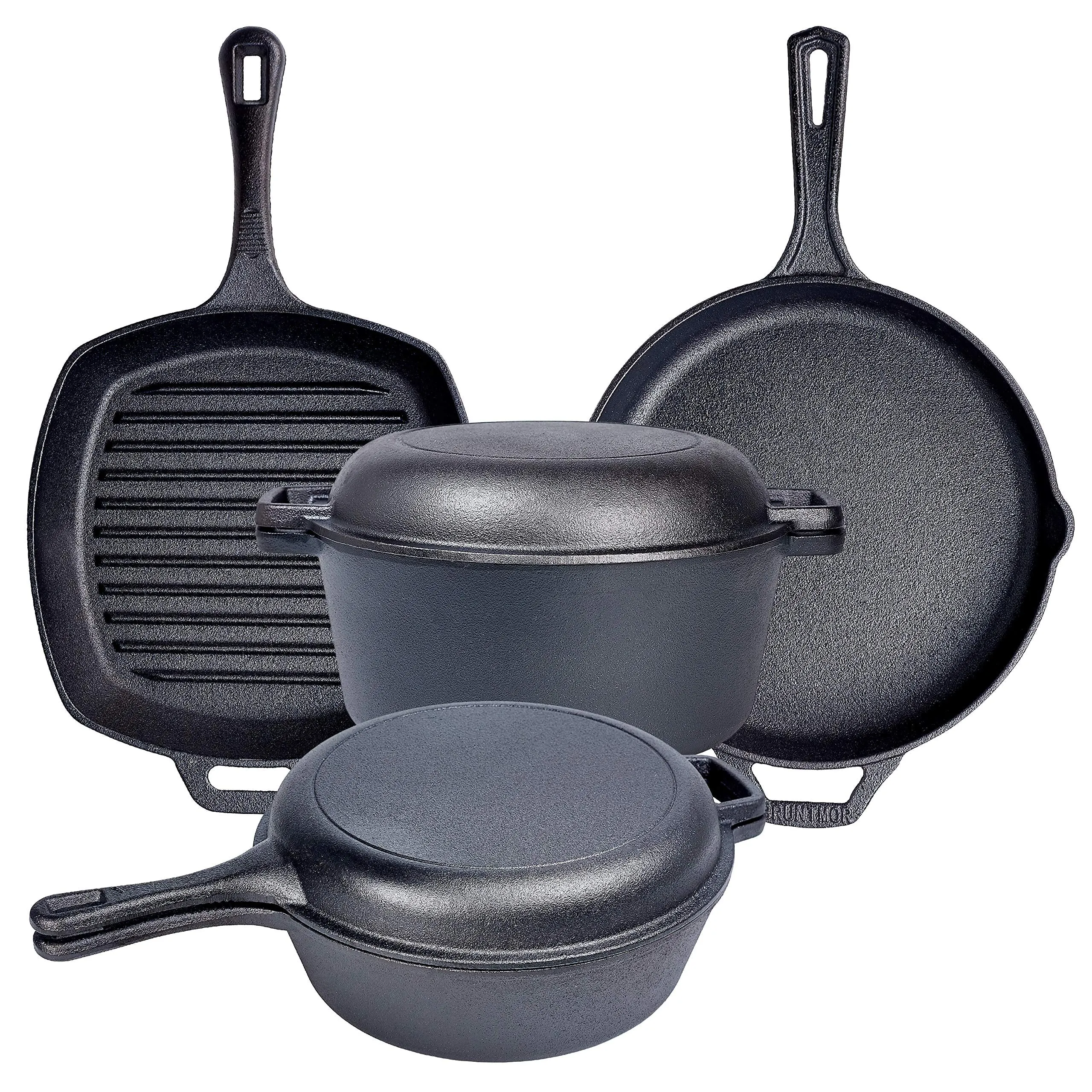 Pre Seasoned Cast Iron 7 Piece Bundle Gift Set, Multi Cooker, Rectangular grill Pan, Wok