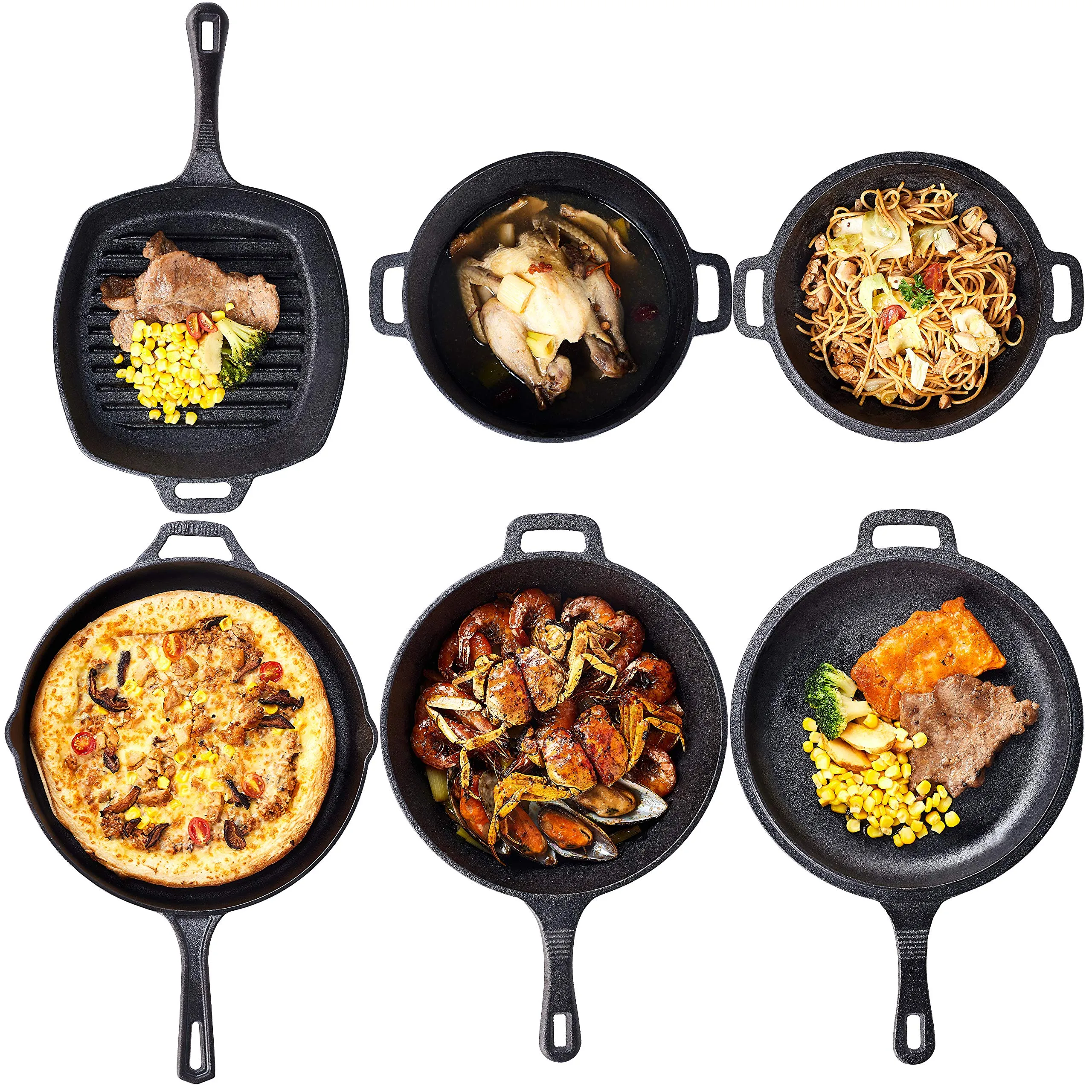 Pre Seasoned Cast Iron Bundle Gift Set, Double Dutch Oven, Pizza Pan, Grill Pan, 6"   7.5"