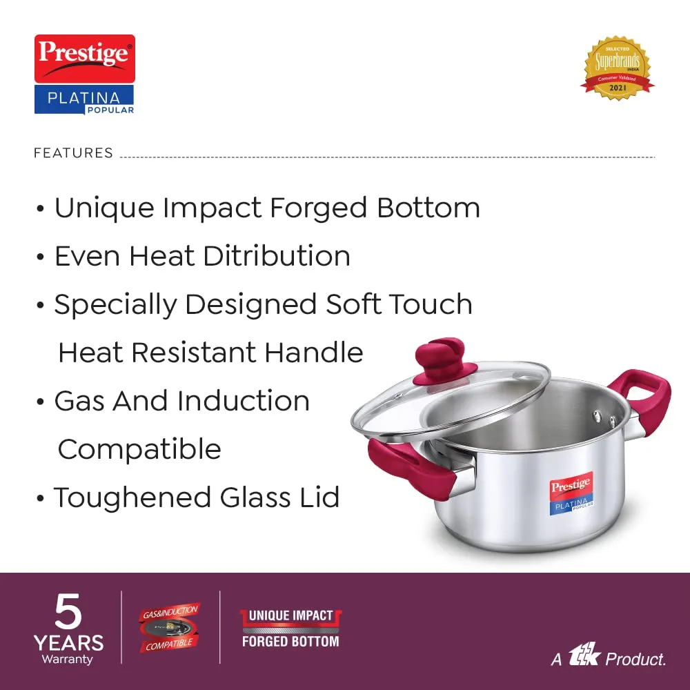 Prestige Platina Popular Stainless Steel Gas and Induction Compatible Casserole with Glass Lid, 240 mm, 5.5 Litre