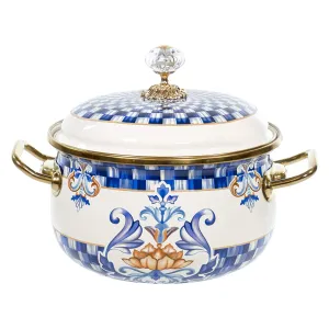 Red Co. Vintage Enamel Cookware Induction Stockpot with Blue Floral Design and Gold Trim with Crystal Knob Lid