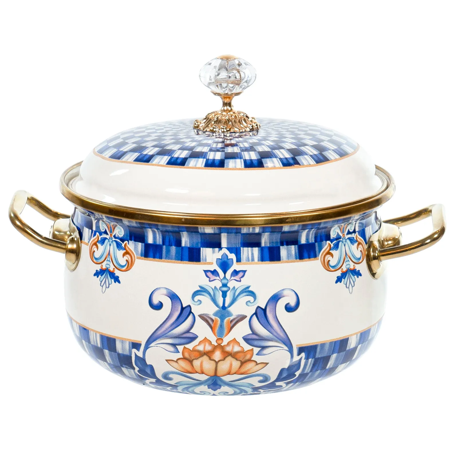 Red Co. Vintage Enamel Cookware Induction Stockpot with Blue Floral Design and Gold Trim with Crystal Knob Lid