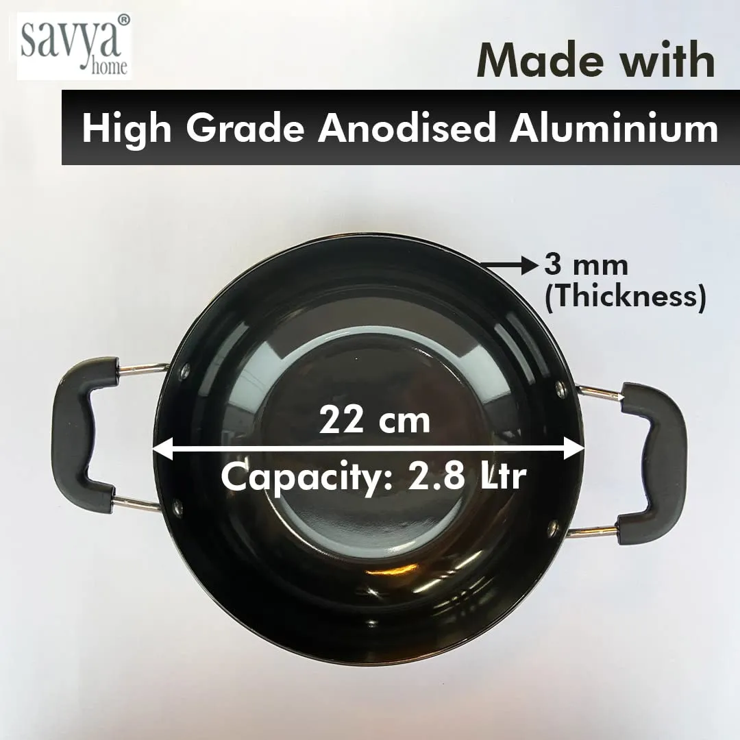 SAVYA HOME Hard Anodised Aluminium Kadai with Lid for Cooking | 22 cm Diameter | Gas & Induction Cookware | Black