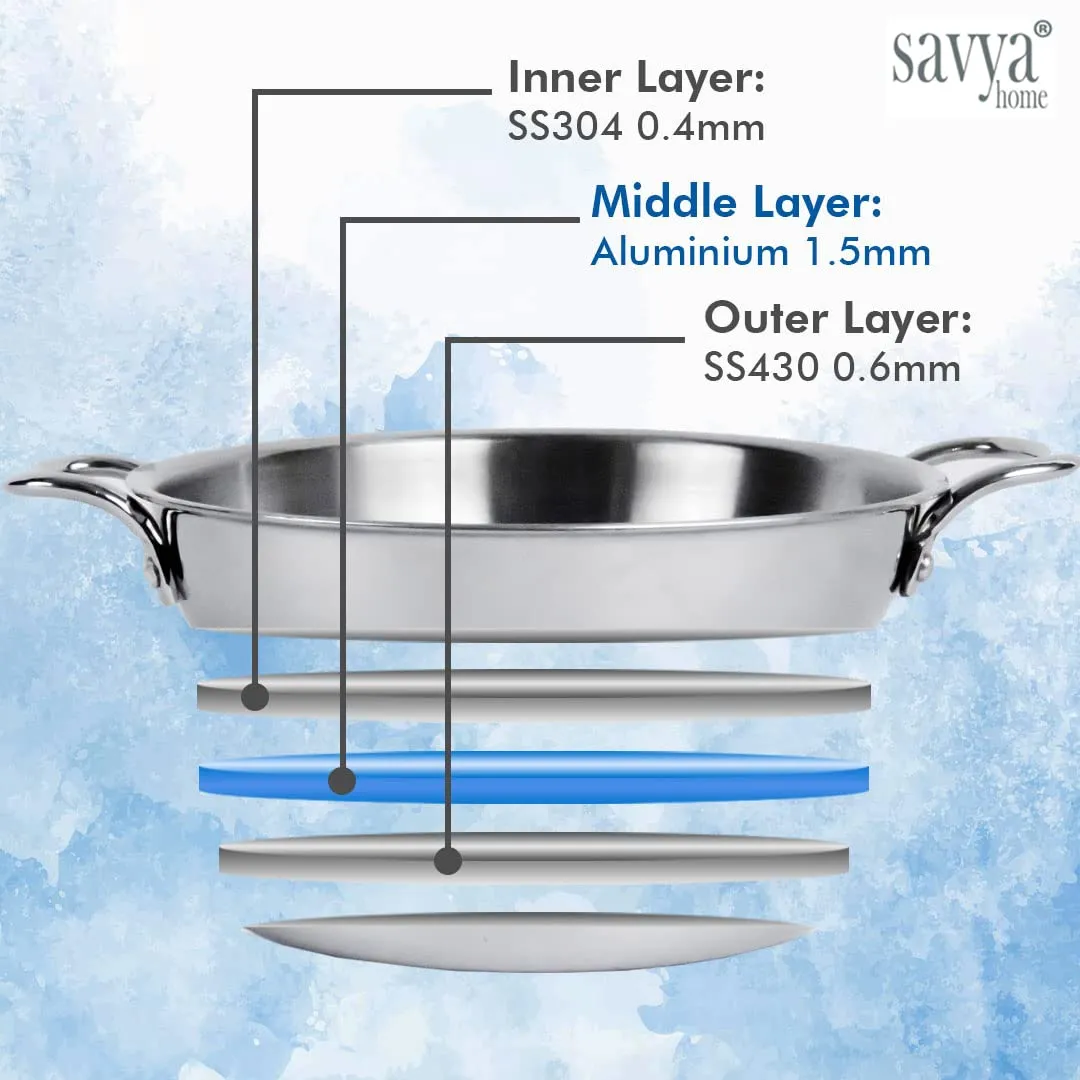 SAVYA HOME Triply Stainless Steel Kadai with Lid | 26 cm Diameter | 3.6 L Capacity | Stove & Induction Cookware | Heat Surround Cooking | Triply Stainless Steel cookware with lid