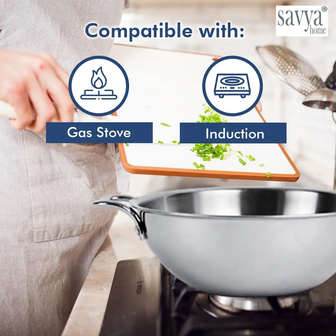 SAVYA HOME Triply Stainless Steel Kadai with Lid | 26 cm Diameter | 3.6 L Capacity | Stove & Induction Cookware | Heat Surround Cooking | Triply Stainless Steel cookware with lid