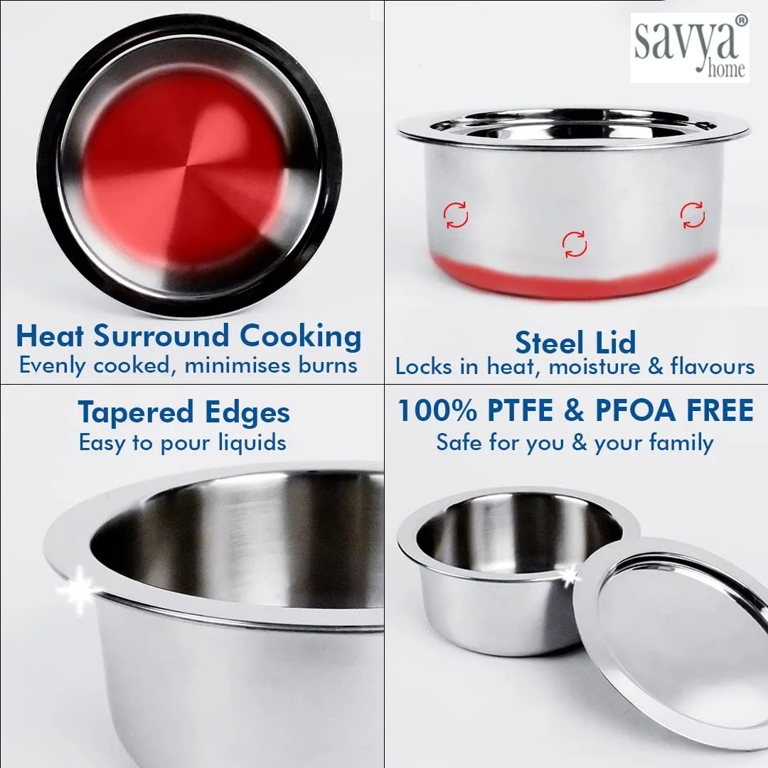 SAVYA HOME Triply Stainless Steel Tope (Patila) with Lid | Handi Casserole with lid | 3L | 20 cm Diameter | 100% PTFE and PFOA Free | Gas Stove & Induction Cookware | Stainless Steel Cookware