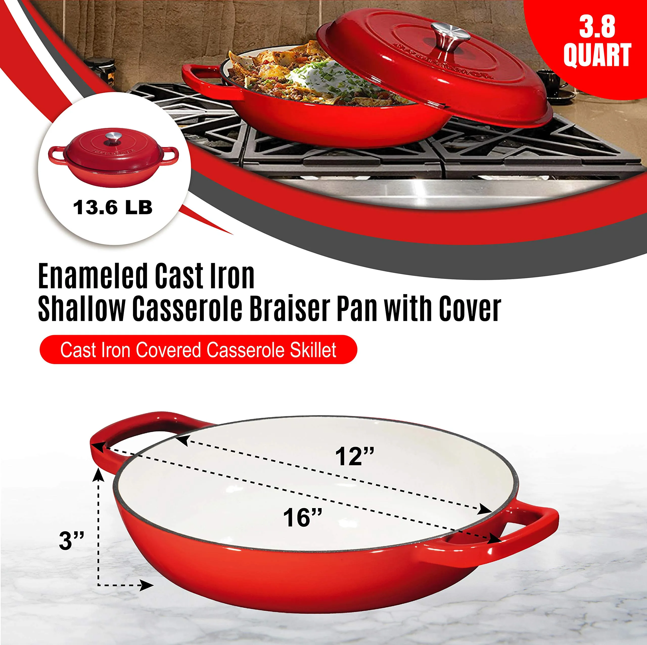 Silicone Oil Non-Stick Enameled Cast Iron Shallow Casserole Braiser Pan with Cover, 3.8