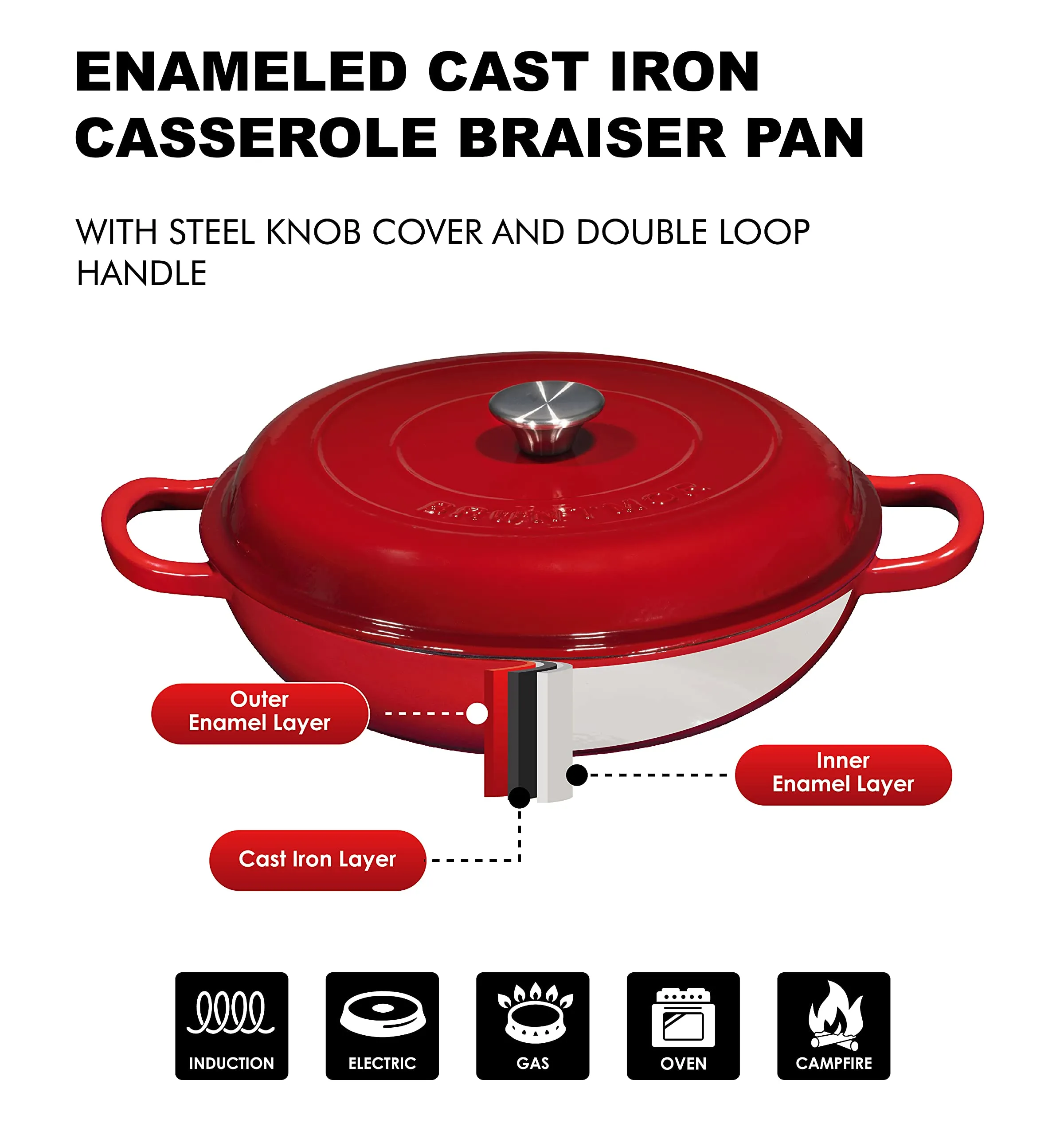 Silicone Oil Non-Stick Enameled Cast Iron Shallow Casserole Braiser Pan with Cover, 3.8