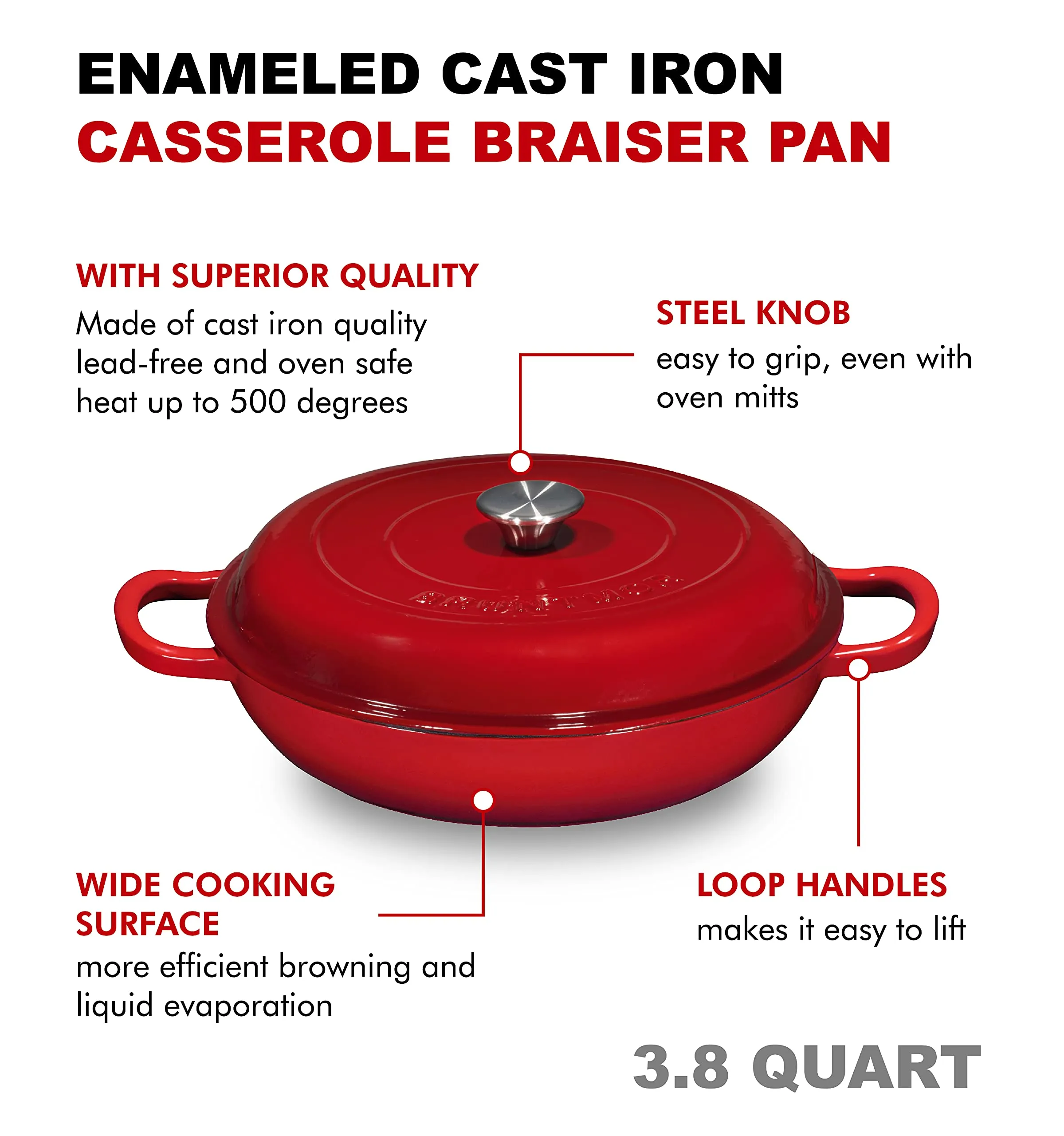 Silicone Oil Non-Stick Enameled Cast Iron Shallow Casserole Braiser Pan with Cover, 3.8