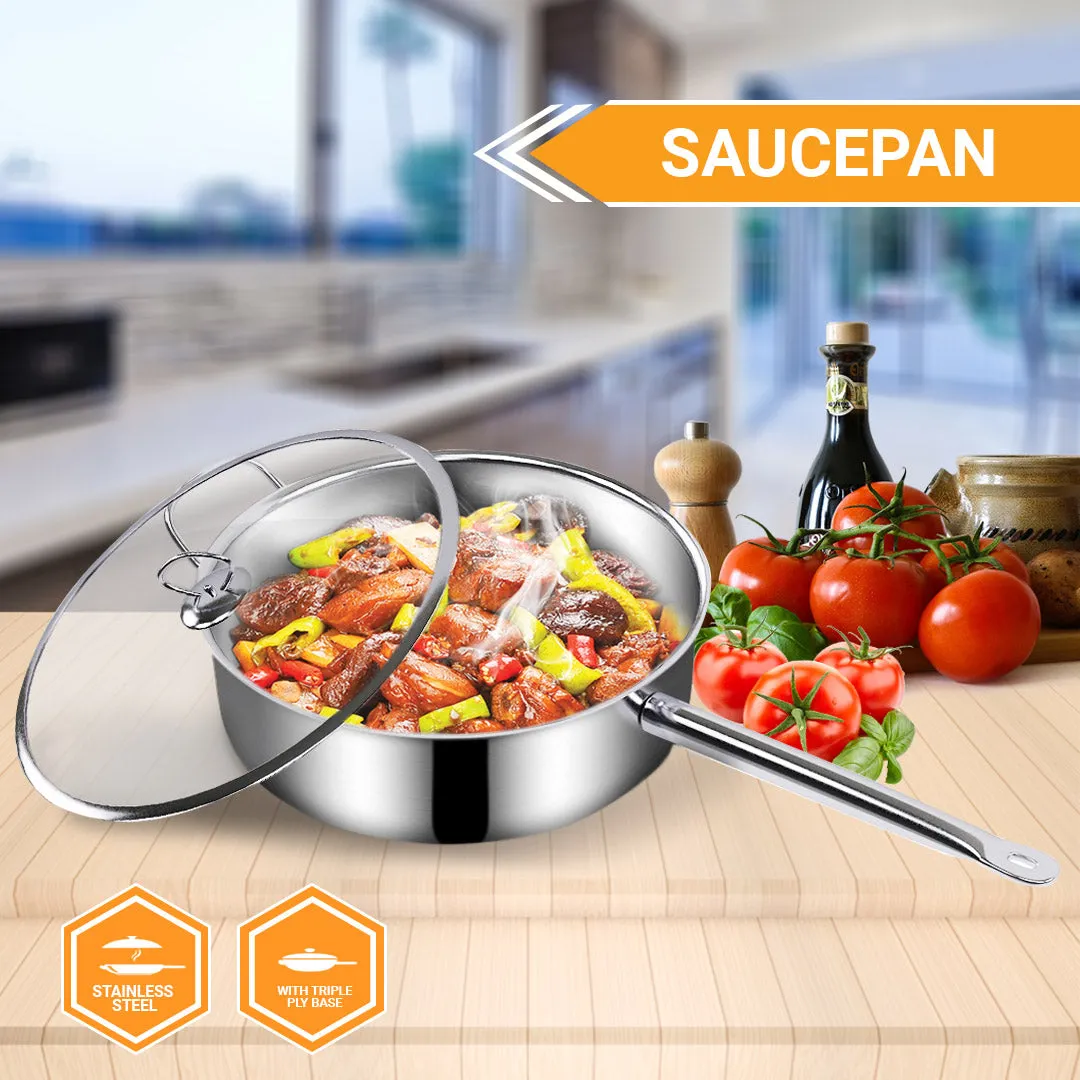 SOGA 26cm Stainless Steel Saucepan Sauce pan with Glass Lid and Helper Handle Triple Ply Base Cookware