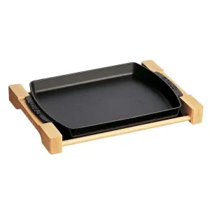 Staub Cast Iron 15″ x 9″ Rectangular Serving Dish with Wood Base - Matte Black