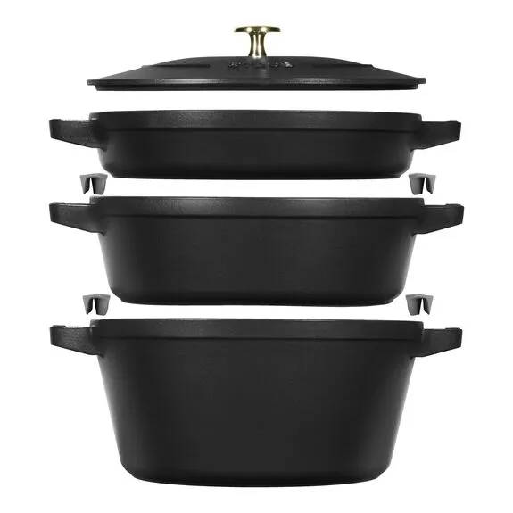 STAUB Cast Iron Stackable Cocotte Set - Large 4 Piece / Black