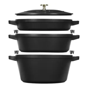 STAUB Cast Iron Stackable Cocotte Set - Large 4 Piece / Black