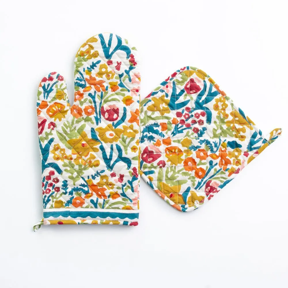 Teal Garden Oven Mitt Set