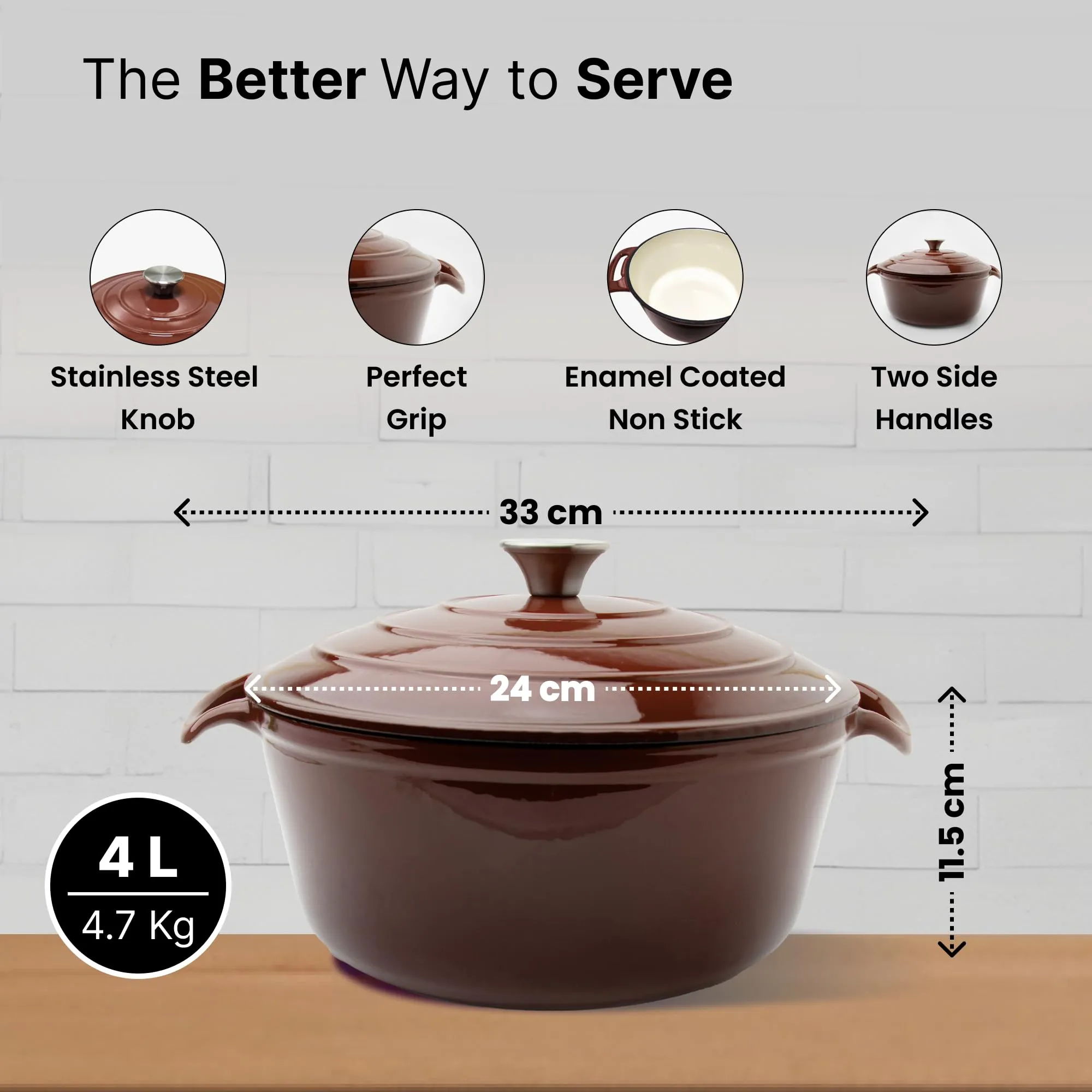 The Better Home Rustic Enamel Cookware (4L)| Cast Iron Dutch Oven | Enamel Coated Biryani Handi Pot | Heavy Bottom | Handi With Lid For Cooking | Rust Proof Iron Pot | Gas & Induction Cookware (Brown)