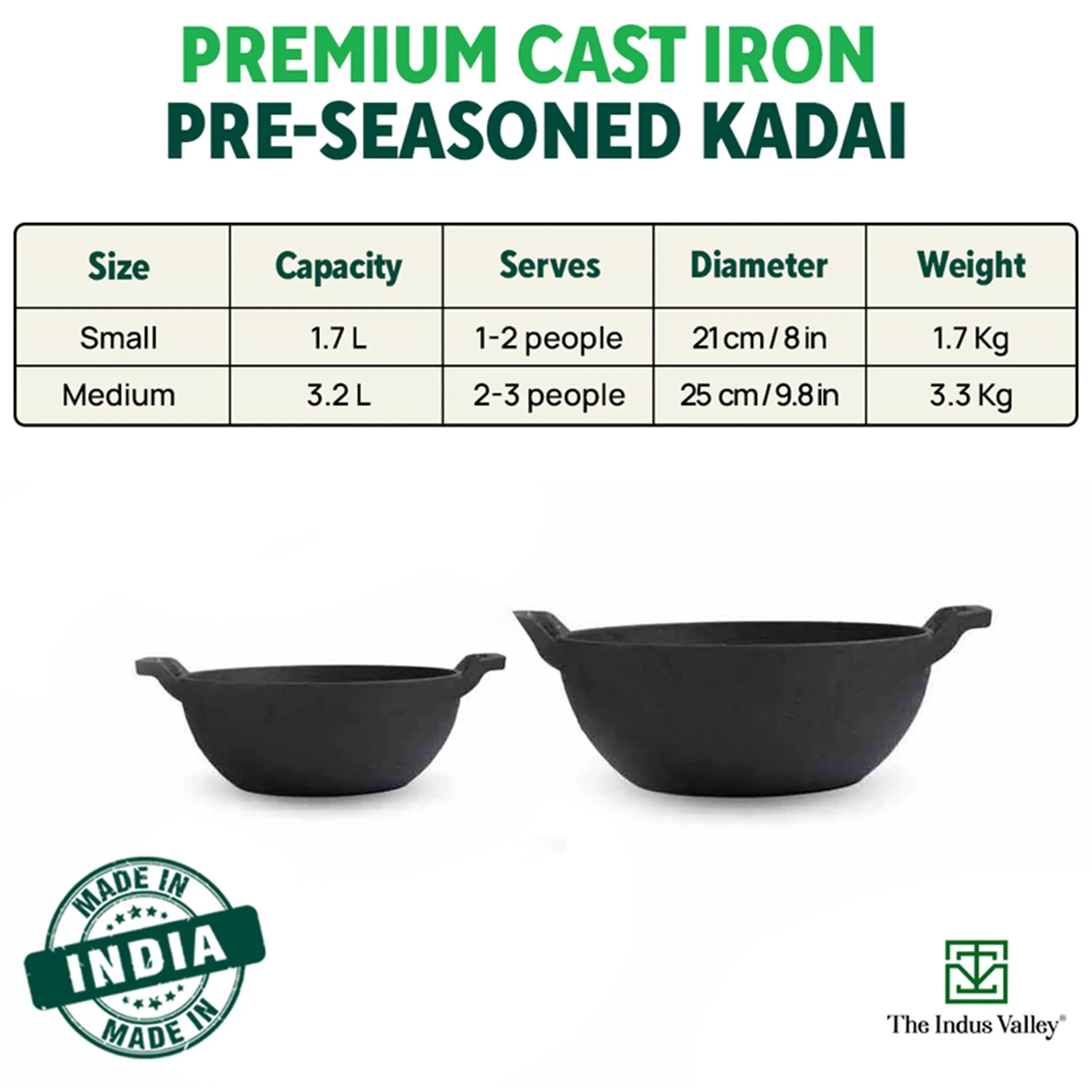 The Indus Valley Pre-Seasoned Cast Iron Kadai with Curved Handle | Medium, 25cm/9.8inch, 3.2Ltr, 3.3kg | Induction Friendly | Naturally Nonstick Kadhai, 100% Pure & Toxin-Free, No Chemical Coating