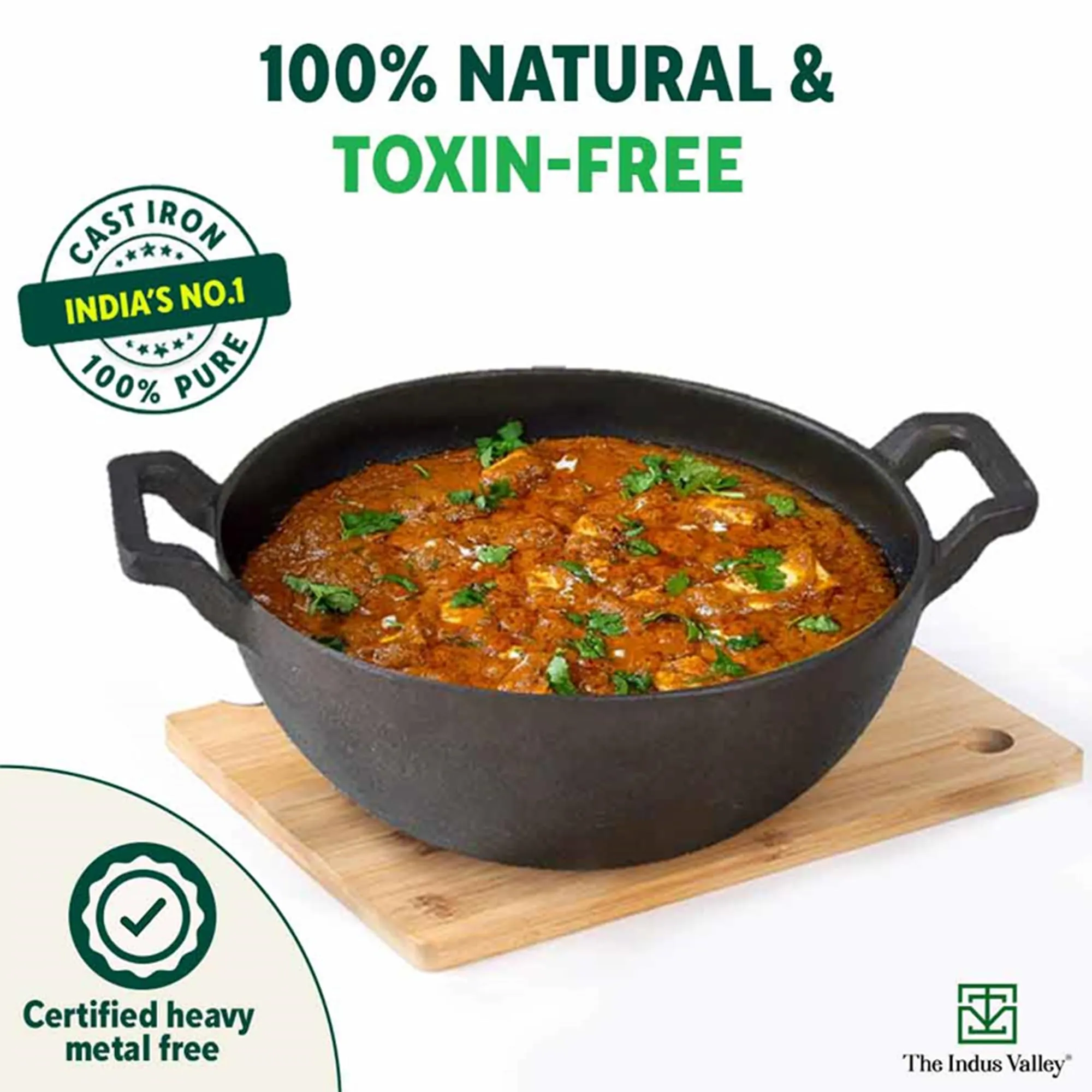 The Indus Valley Pre-Seasoned Cast Iron Kadai with Curved Handle | Medium, 25cm/9.8inch, 3.2Ltr, 3.3kg | Induction Friendly | Naturally Nonstick Kadhai, 100% Pure & Toxin-Free, No Chemical Coating