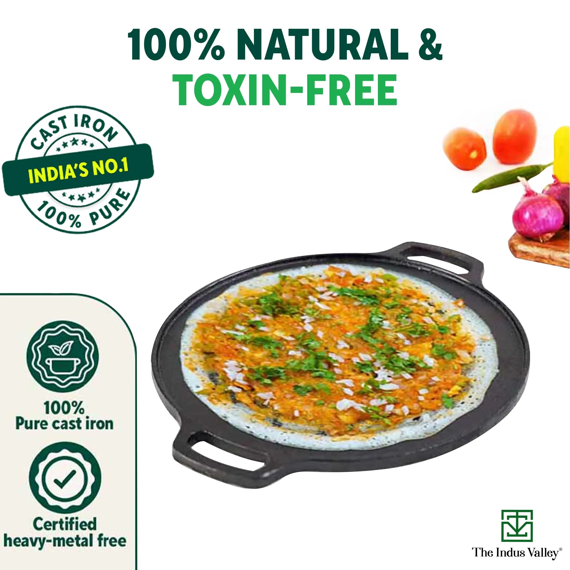 The Indus Valley Pre-Seasoned Cast Iron Tawa for Dosa/Chapathi | 30.2cm/11.8 inch, 2.4kg | Induction Friendly | Nonstick, Pre-Seasoned Tawa, 100% Pure & Toxin-Free, No Chemical Coating, Black