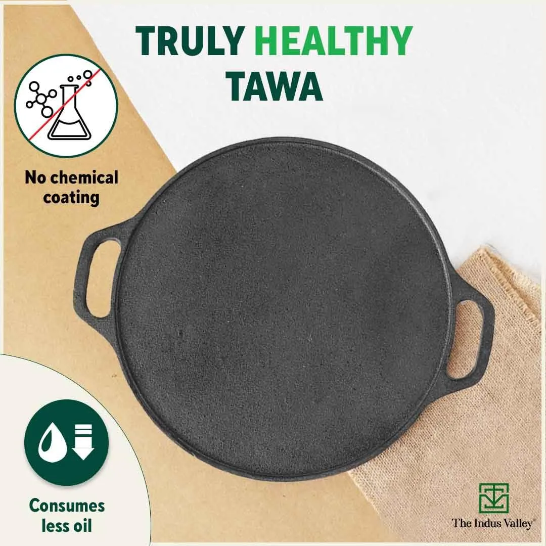 The Indus Valley Pre-seasoned Cast Iron Tawa with Free Wooden Spatula for Dosa/Chapathi | 30.2cm/11.8 inch, 2.4kg | Induction friendly | Naturally Nonstick, 100% Pure & Toxin-free, No Chemical Coating