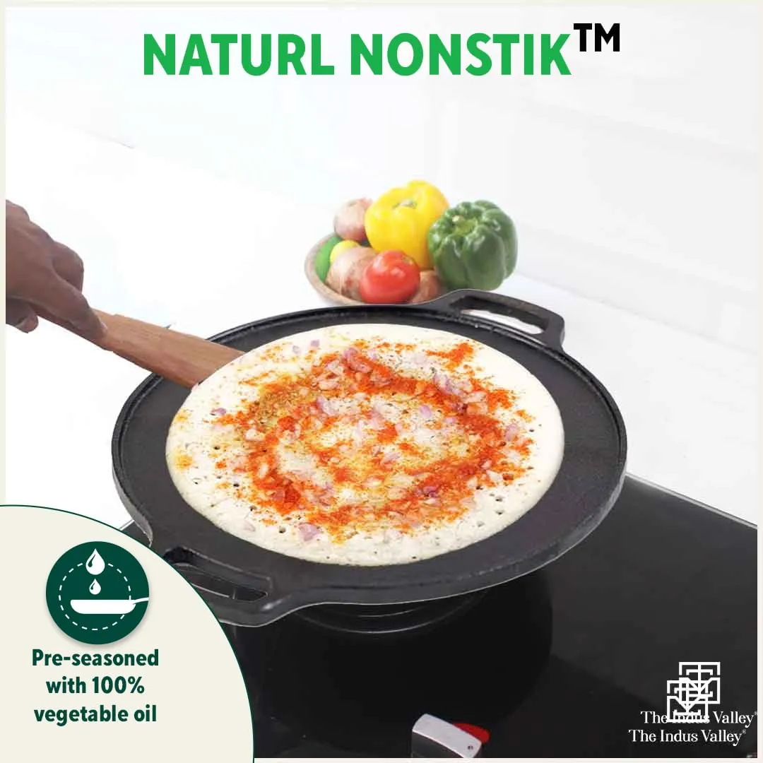 The Indus Valley Pre-seasoned Cast Iron Tawa with Free Wooden Spatula for Dosa/Chapathi | 30.2cm/11.8 inch, 2.4kg | Induction friendly | Naturally Nonstick, 100% Pure & Toxin-free, No Chemical Coating