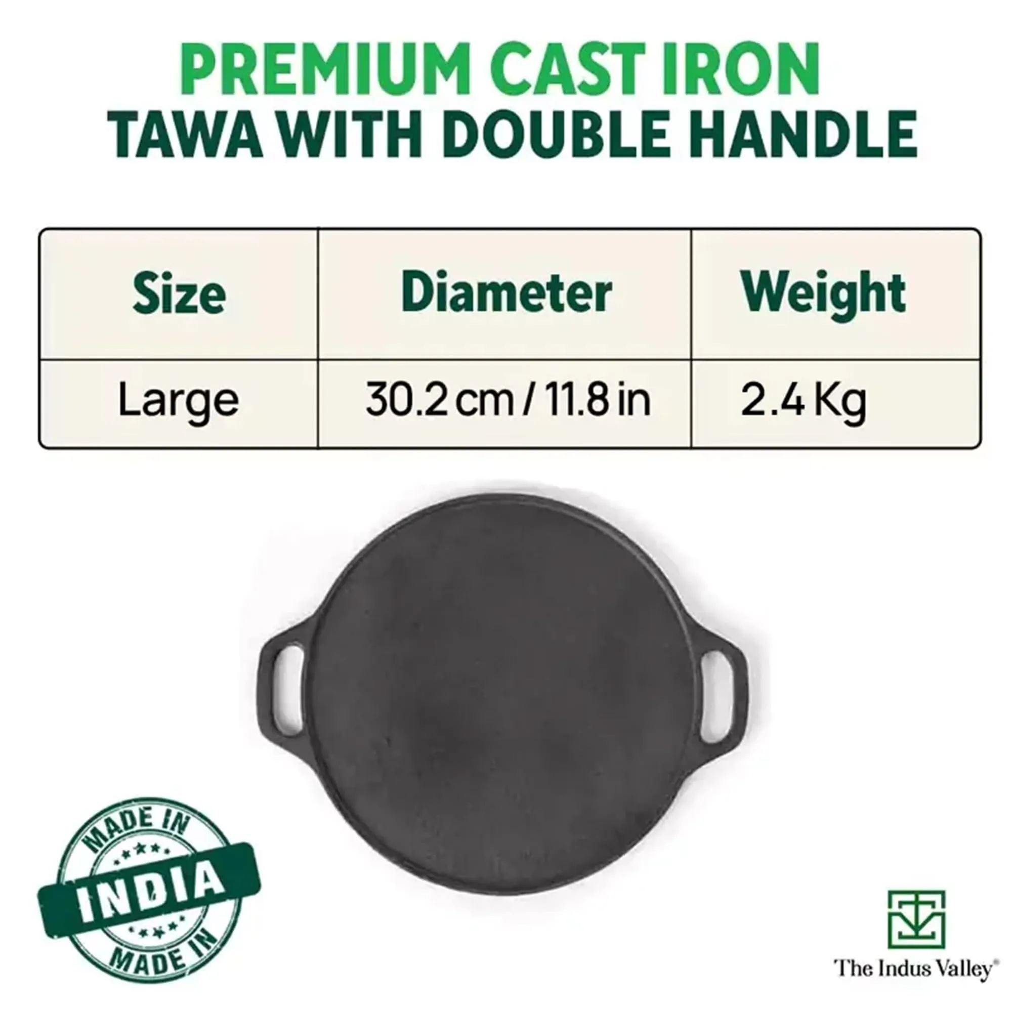 The Indus Valley Pre-seasoned Cast Iron Tawa with Free Wooden Spatula for Dosa/Chapathi | 30.2cm/11.8 inch, 2.4kg | Induction friendly | Naturally Nonstick, 100% Pure & Toxin-free, No Chemical Coating