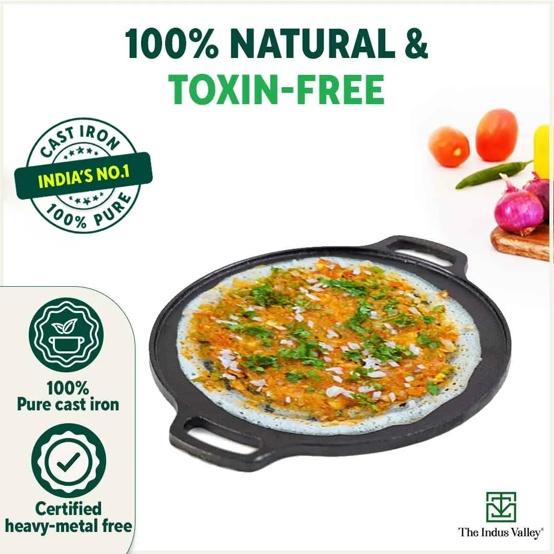 The Indus Valley Pre-seasoned Cast Iron Tawa with Free Wooden Spatula for Dosa/Chapathi | 30.2cm/11.8 inch, 2.4kg | Induction friendly | Naturally Nonstick, 100% Pure & Toxin-free, No Chemical Coating