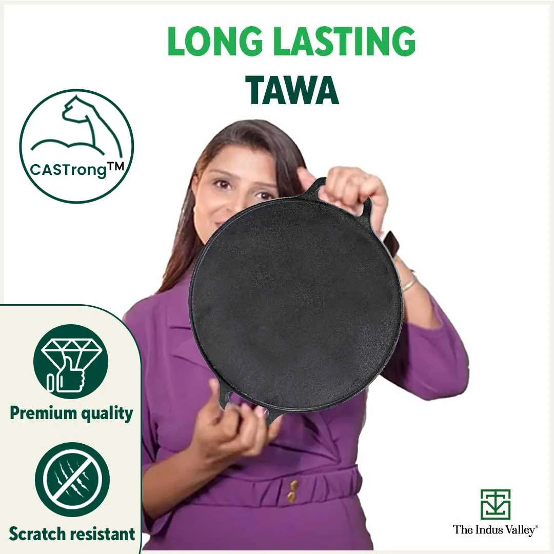 The Indus Valley Pre-seasoned Cast Iron Tawa with Free Wooden Spatula for Dosa/Chapathi | 30.2cm/11.8 inch, 2.4kg | Induction friendly | Naturally Nonstick, 100% Pure & Toxin-free, No Chemical Coating