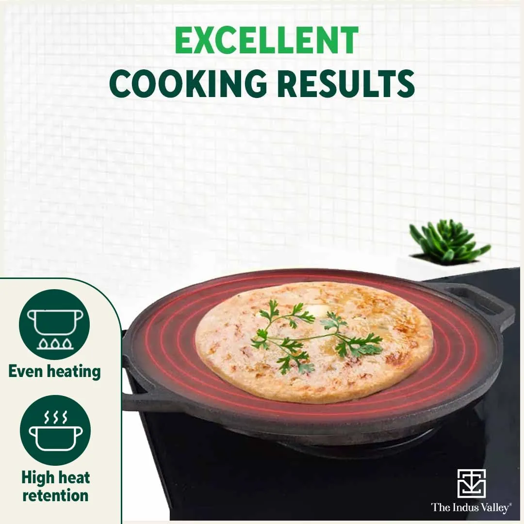 The Indus Valley Pre-seasoned Cast Iron Tawa with Free Wooden Spatula for Dosa/Chapathi | 30.2cm/11.8 inch, 2.4kg | Induction friendly | Naturally Nonstick, 100% Pure & Toxin-free, No Chemical Coating