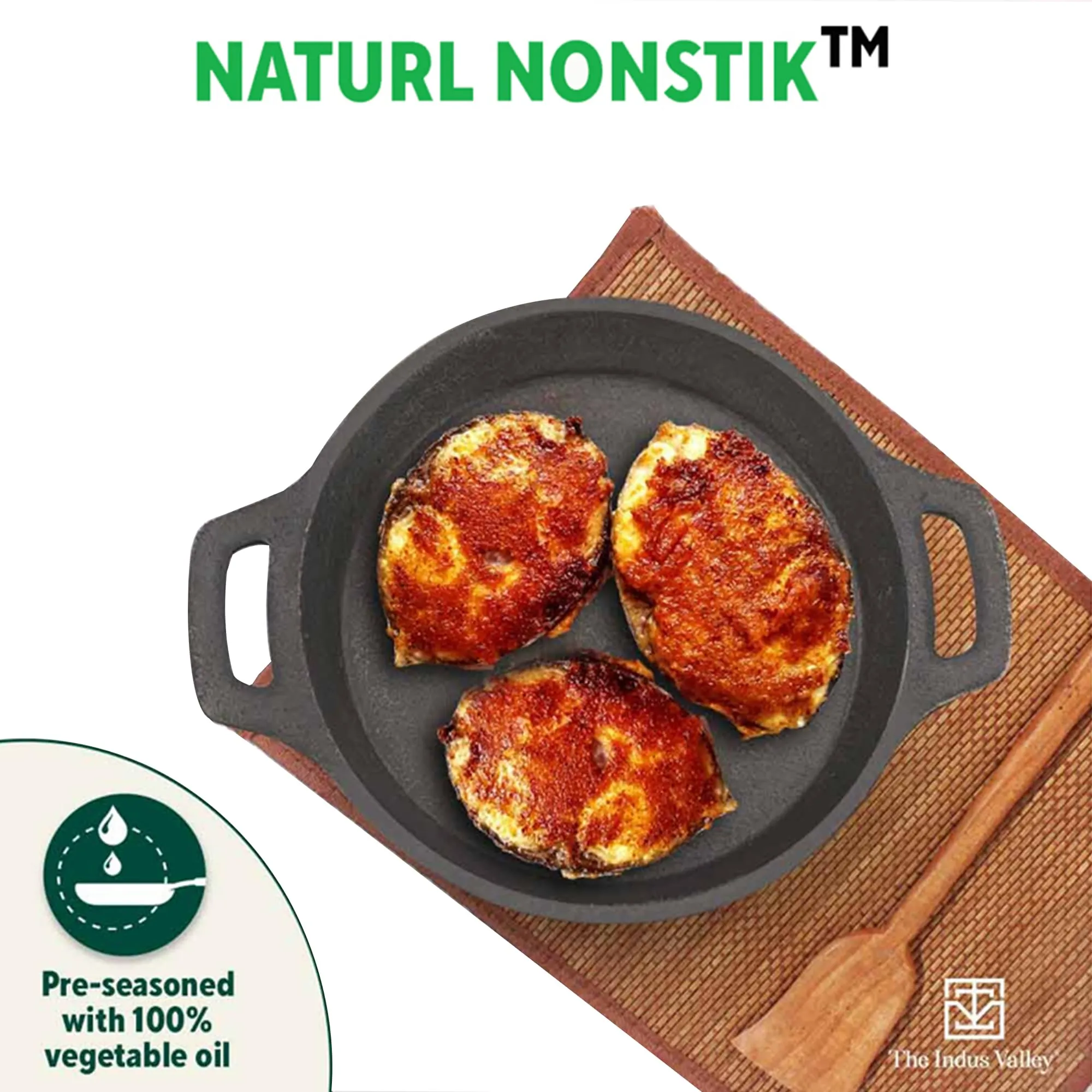 The Indus Valley Preseasoned Cast Iron Fish Fry Pan with Double Handle | Medium 25cm/ 9.8inch, 2kg | Induction Friendly | Nonstick Fish Fry Pan, 100% Pure & Toxin Free, No Chemical Coating