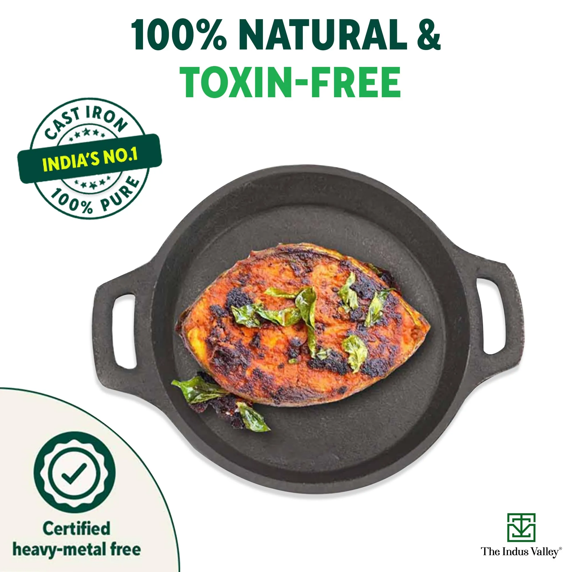 The Indus Valley Preseasoned Cast Iron Fish Fry Pan with Double Handle | Medium 25cm/ 9.8inch, 2kg | Induction Friendly | Nonstick Fish Fry Pan, 100% Pure & Toxin Free, No Chemical Coating