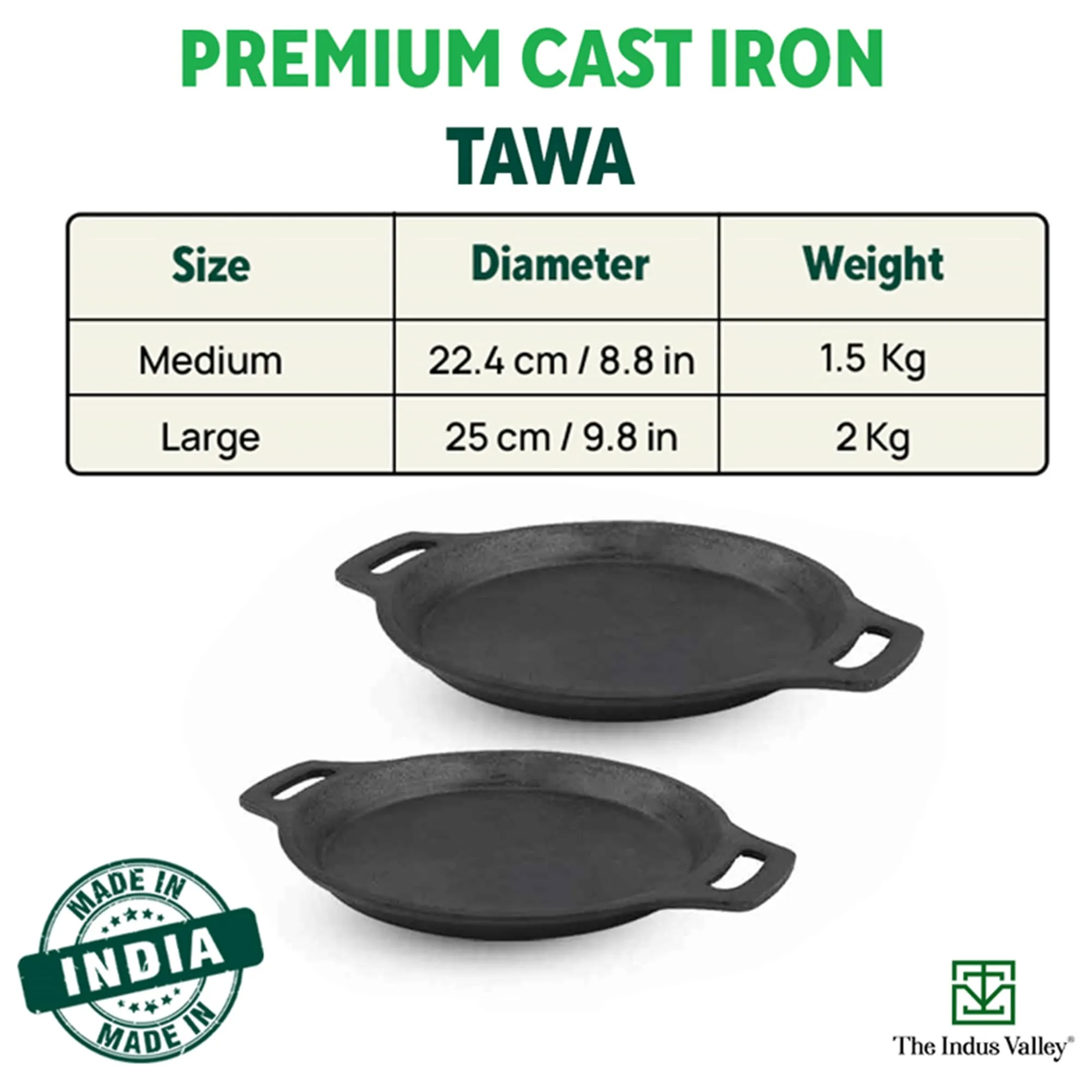 The Indus Valley Preseasoned Cast Iron Fish Fry Pan with Double Handle | Medium 25cm/ 9.8inch, 2kg | Induction Friendly | Nonstick Fish Fry Pan, 100% Pure & Toxin Free, No Chemical Coating