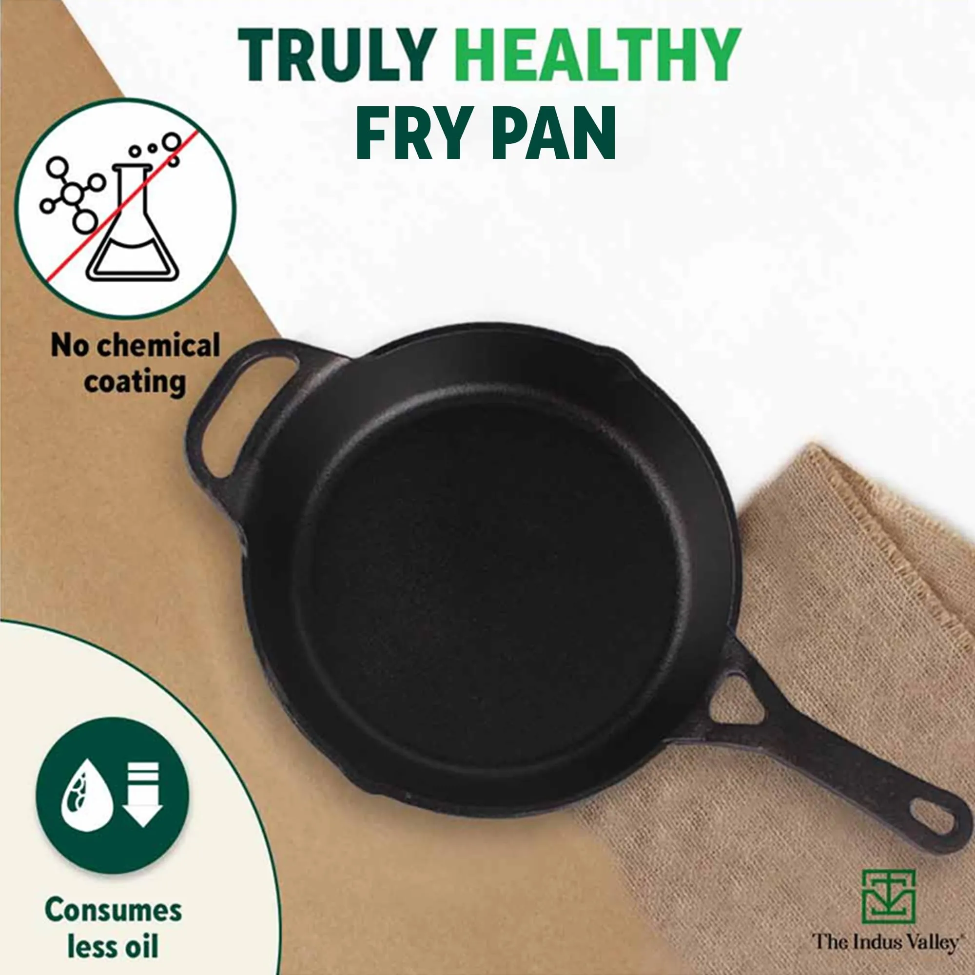 The Indus Valley Preseasoned Cast Iron Fry Pan/Skillet With Long Handle|Medium 26.2Cm/10.3Inch, 1.8Ltr, 2.3Kg|Induction Friendly|Nonstick Fry Pan, 100% Pure & Toxin Free, No Chemical Coating, Black