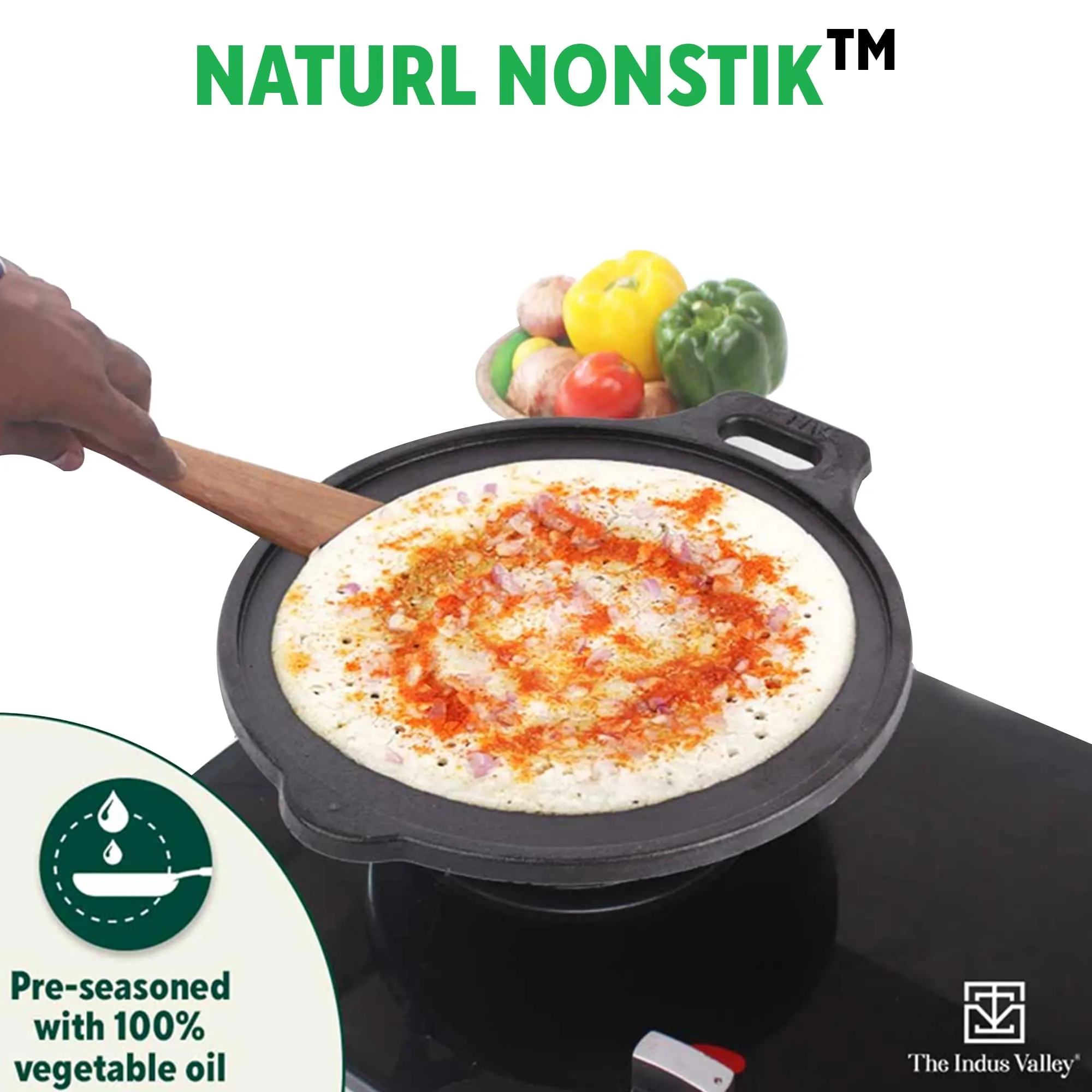 The Indus Valley Super Smooth Cast Iron Tawa for Dosa/Chapathi | 27.6cm/10.8 inch, 2.4kg | Induction Friendly | Naturally Nonstick, Pre-Seasoned Tawa, 100% Pure & Toxin-Free, No Chemical Coating