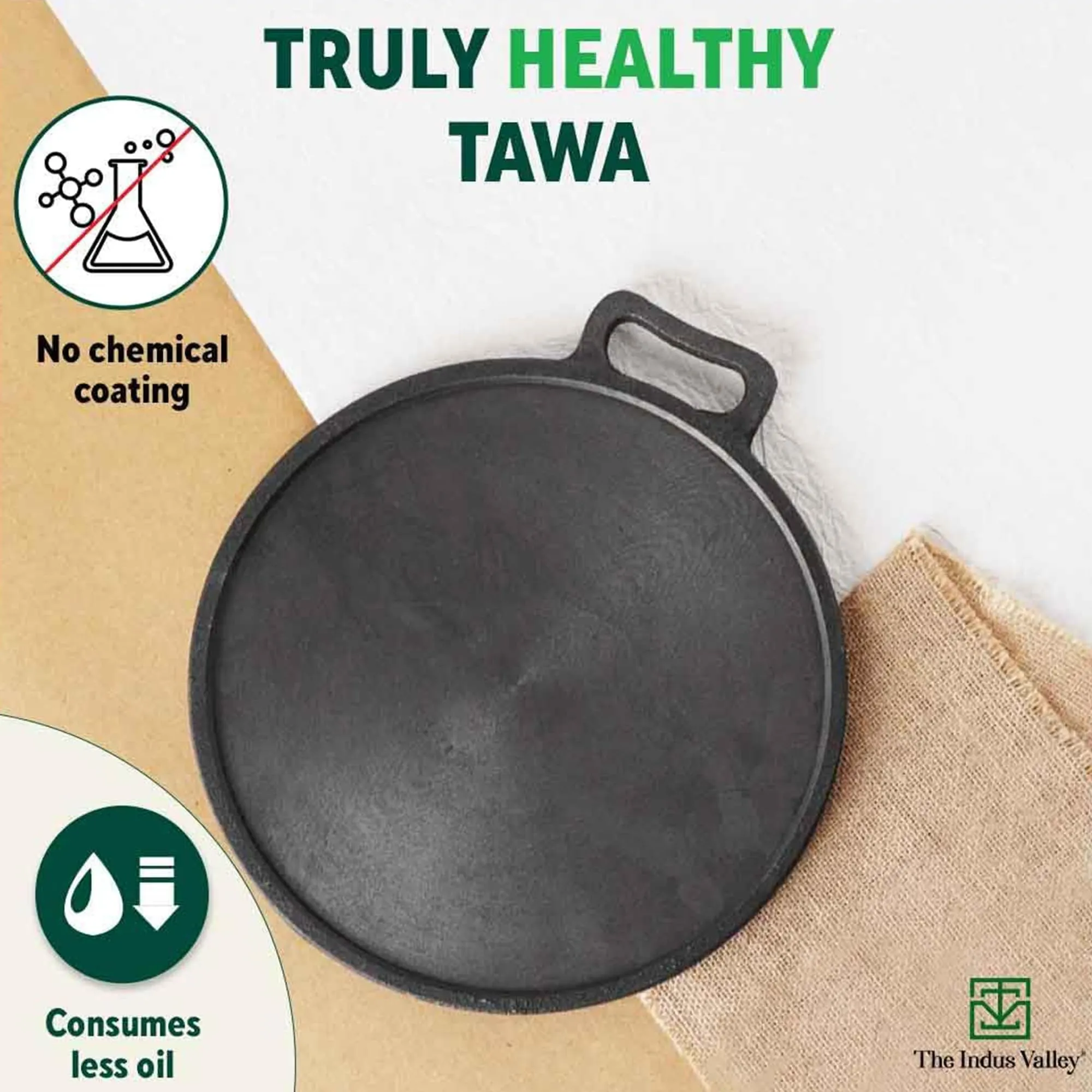 The Indus Valley Super Smooth Cast Iron Tawa for Dosa/Chapathi   Free Spatula | 30.5cm/12 inch, 3kg | Induction Friendly | Naturally Nonstick, Pre-Seasoned Tawa, 100% Pure & Toxin-Free