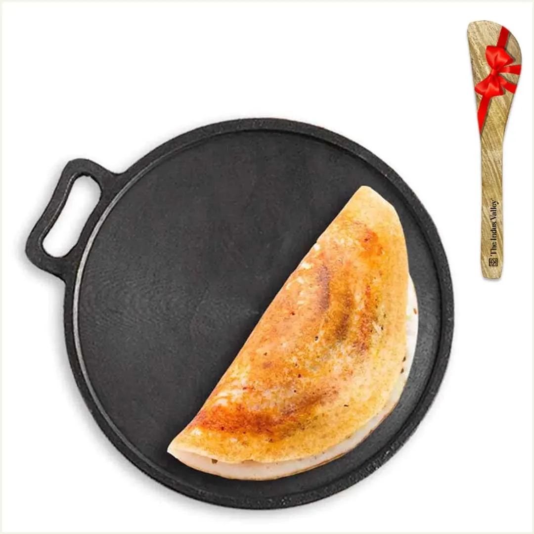 The Indus Valley Super Smooth Cast Iron Tawa for Dosa/Chapathi   Free Wooden Spatula | 30.4cm/12 inch, 3.1kg | Induction Friendly | Naturally Nonstick, 100% Pure & Toxin-Free, No Chemical Coating