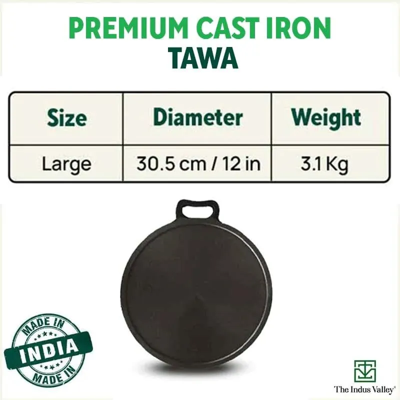 The Indus Valley Super Smooth Cast Iron Tawa for Dosa/Chapathi   Free Wooden Spatula | 30.4cm/12 inch, 3.1kg | Induction Friendly | Naturally Nonstick, 100% Pure & Toxin-Free, No Chemical Coating