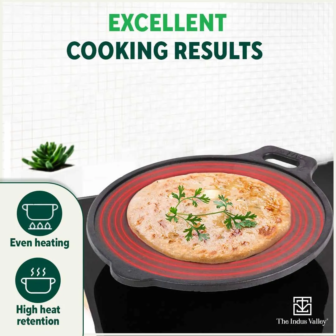 The Indus Valley Super Smooth Cast Iron Tawa with Free Wooden Spatula for Dosa/Chapathi | 30.5cm/12 inch, 2.9kg | Induction Friendly | Naturally Nonstick, 100% Pure & Toxin-Free, No Chemical Coating