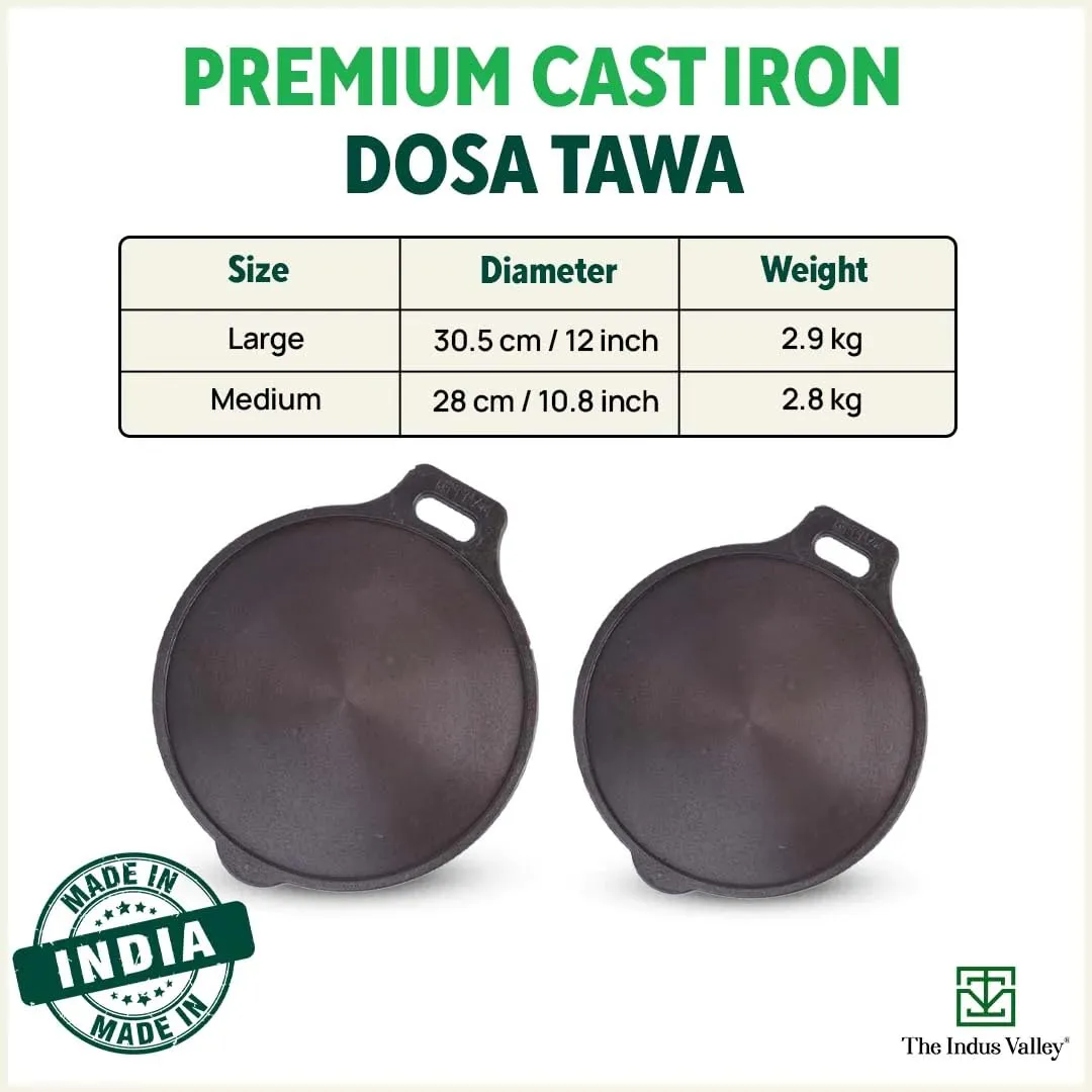 The Indus Valley Super Smooth Cast Iron Tawa with Free Wooden Spatula for Dosa/Chapathi | 30.5cm/12 inch, 2.9kg | Induction Friendly | Naturally Nonstick, 100% Pure & Toxin-Free, No Chemical Coating