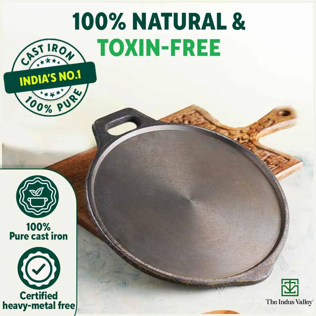 The Indus Valley Super Smooth Cast Iron Tawa with Free Wooden Spatula for Dosa/Chapathi | 30.5cm/12 inch, 2.9kg | Induction Friendly | Naturally Nonstick, 100% Pure & Toxin-Free, No Chemical Coating