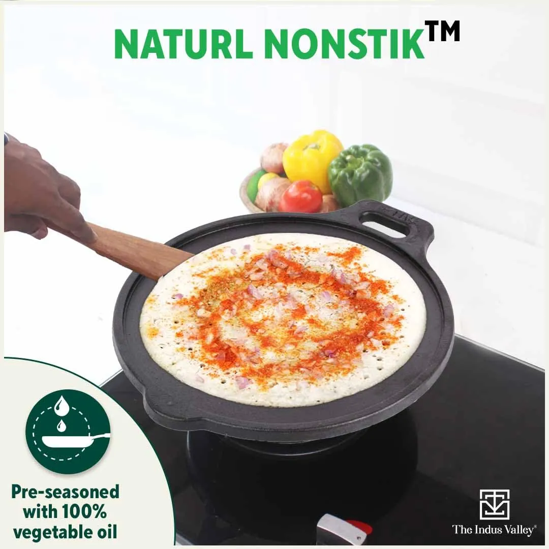 The Indus Valley Super Smooth Cast Iron Tawa with Free Wooden Spatula for Dosa/Chapathi | 30.5cm/12 inch, 2.9kg | Induction Friendly | Naturally Nonstick, 100% Pure & Toxin-Free, No Chemical Coating