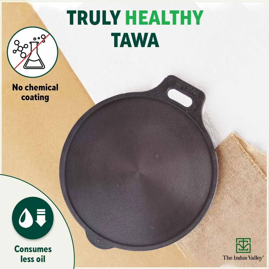 The Indus Valley Super Smooth Cast Iron Tawa with Free Wooden Spatula for Dosa/Chapathi | 30.5cm/12 inch, 2.9kg | Induction Friendly | Naturally Nonstick, 100% Pure & Toxin-Free, No Chemical Coating