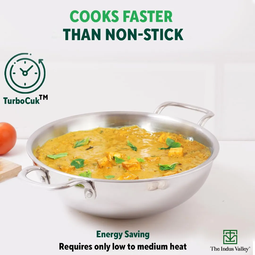 The Indus Valley Triply Stainless Steel Kadai with Glass Lid | Large 26cm/10.2 inch, 3.5L, 1.3kg | Induction Friendly | Nonstick 3-Layer Body, 100% Pure & Toxin-Free