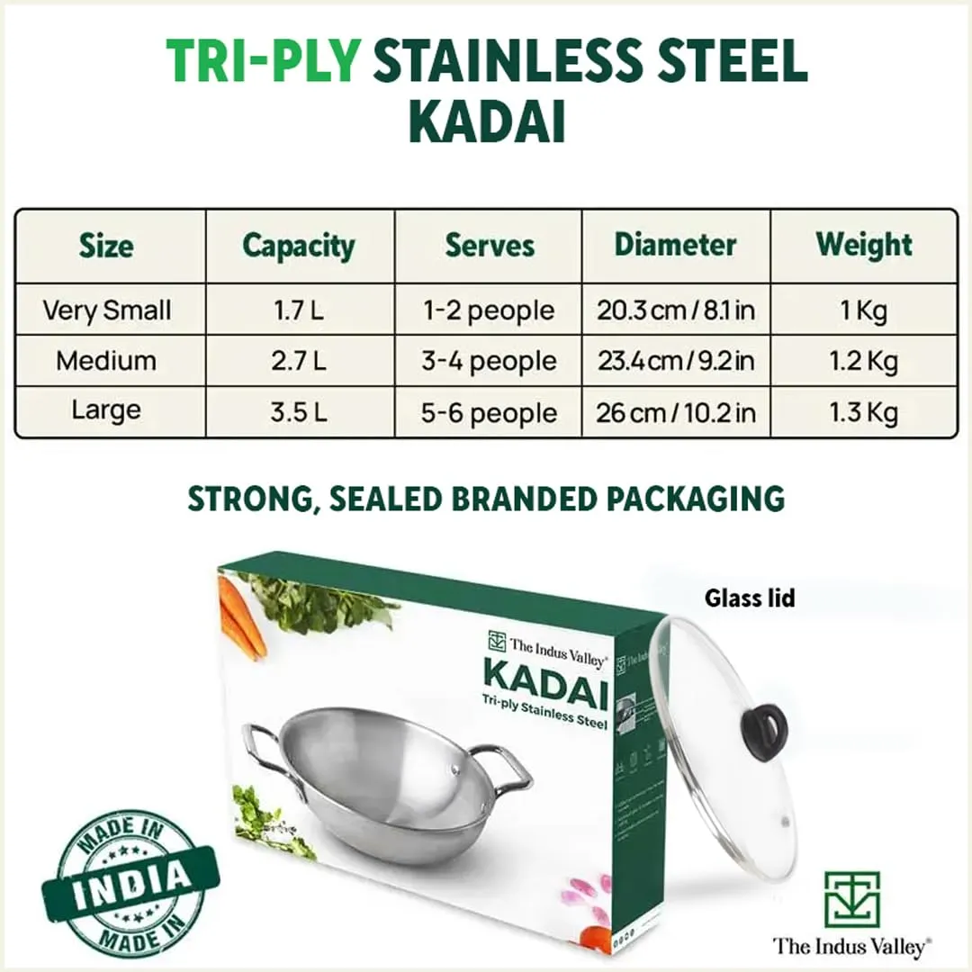 The Indus Valley Triply Stainless Steel Kadai with Glass Lid | Large 26cm/10.2 inch, 3.5L, 1.3kg | Induction Friendly | Nonstick 3-Layer Body, 100% Pure & Toxin-Free