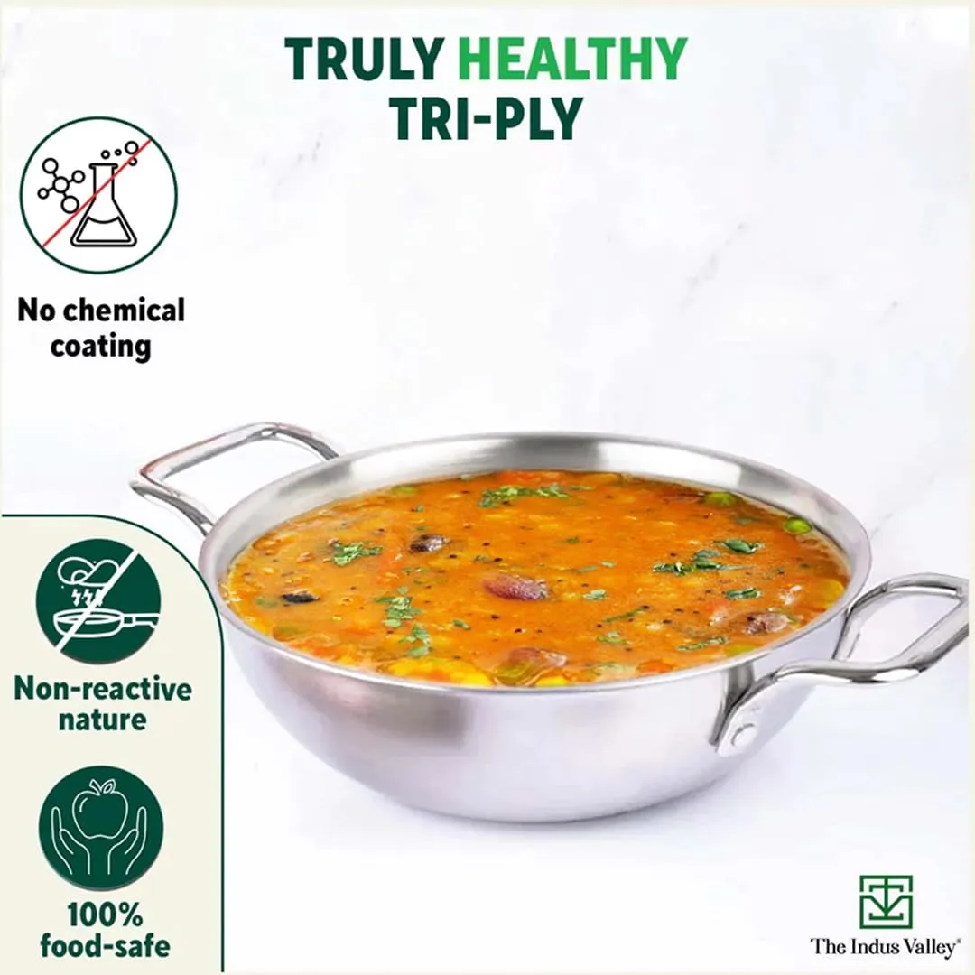 The Indus Valley Triply Stainless Steel Kadai with Glass Lid | Medium 23.4cm/9.2 inch, 2.7Ltr, 1.2kg | Induction Friendly | Nonstick 3-Layer Body, 100% Pure & Toxin-Free, No Chemical Coating