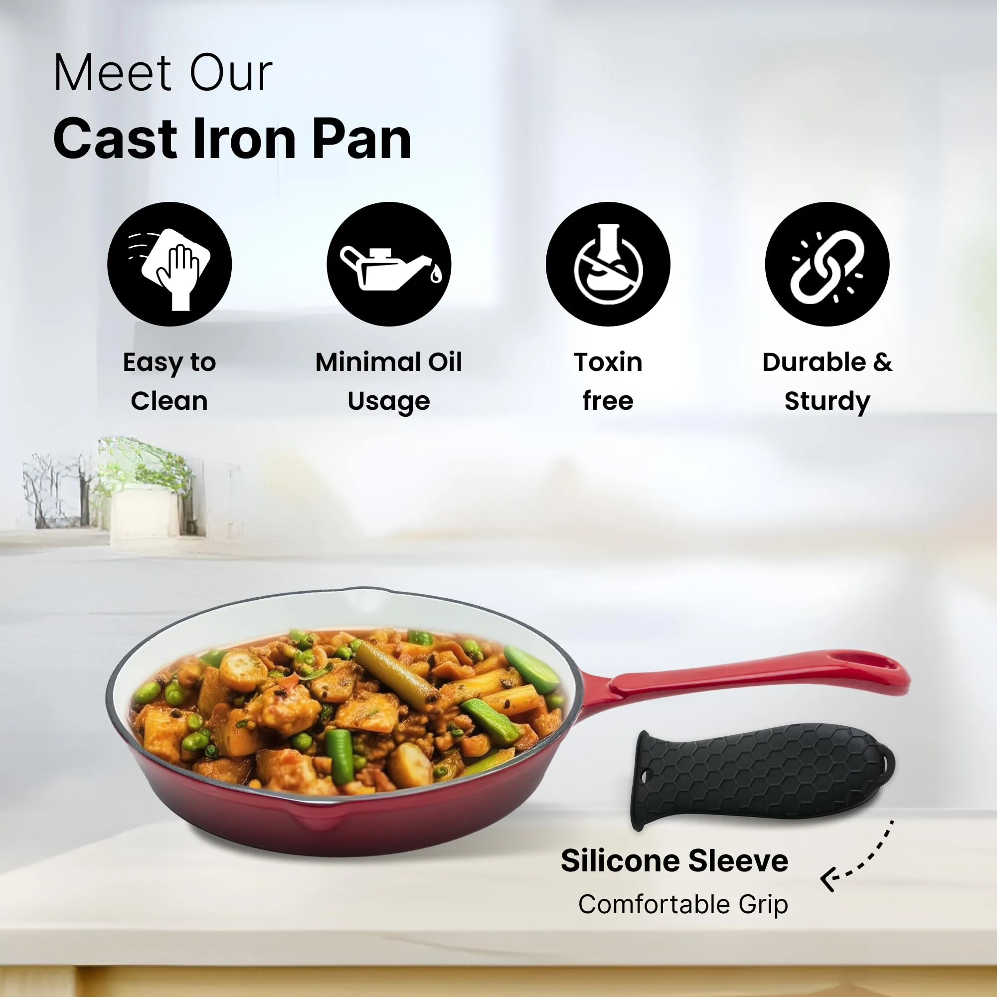 UMAI Cast Iron Frying Pan (25cm) | Enamel Coated Rust Proof Cast Iron Non Stick Pan | Frying Pan for Cooking with Long Handles & Silicon Sleeve | Gas & Induction Cookware | Fish Fry Tawa | Iron Fry