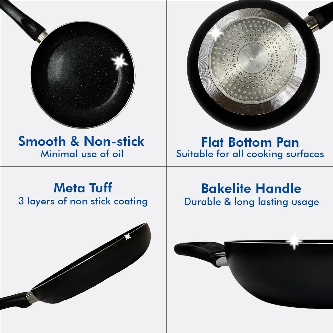 USHA SHRIRAM 3 Piece Non Stick Set of Tawa, Fry Pan, Kadhai (Lid) & Spatula Set | Stove & Induction Cookware | Easy Grip Handles | 3 Layer Non Stick Coating | Lightweight | Gift Set