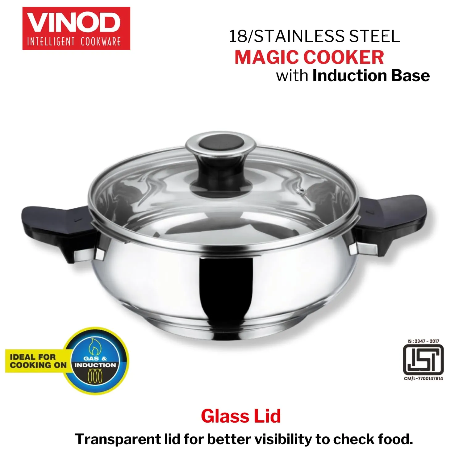 Vinod Magic Stainless Steel Smart 3 in 1 Pressure Cooker 5.5 Litre | 5mm Thick Base | All in One Cooker with Strainer & Glass Lid | Induction and Gas Base | ISI certified | 2 Years Warranty