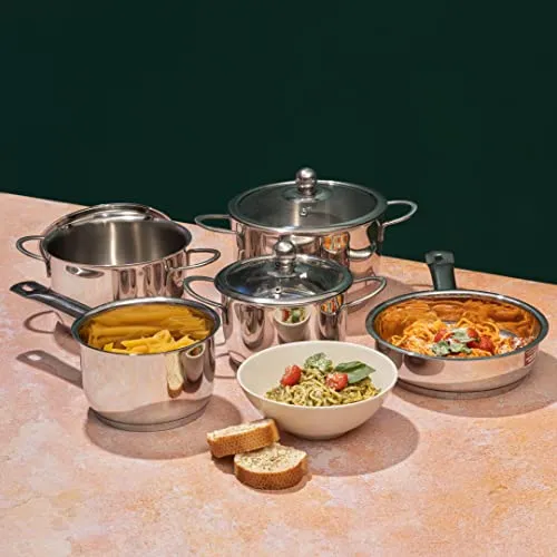 Vinod Tuscany Stainless Steel Cookware Set of 5 Pieces | Casserole Set of 3 Pcs with Glass Lid, Saucepan and Frypan | Extra Deep, Less Energy | Gas & Induction Base | 2 Year Warranty