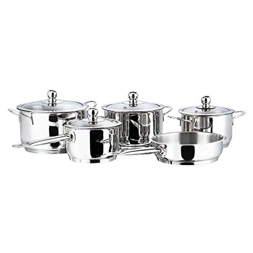 Vinod Tuscany Stainless Steel Cookware Set of 5 Pieces | Casserole Set of 3 Pcs with Glass Lid, Saucepan and Frypan | Extra Deep, Less Energy | Gas & Induction Base | 2 Year Warranty