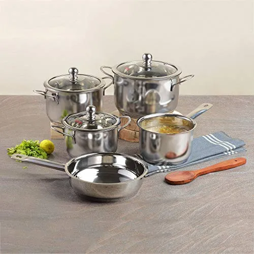 Vinod Tuscany Stainless Steel Cookware Set of 5 Pieces | Casserole Set of 3 Pcs with Glass Lid, Saucepan and Frypan | Extra Deep, Less Energy | Gas & Induction Base | 2 Year Warranty