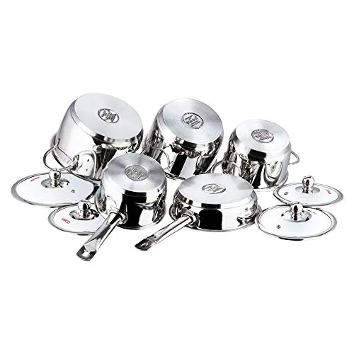 Vinod Tuscany Stainless Steel Cookware Set of 5 Pieces | Casserole Set of 3 Pcs with Glass Lid, Saucepan and Frypan | Extra Deep, Less Energy | Gas & Induction Base | 2 Year Warranty